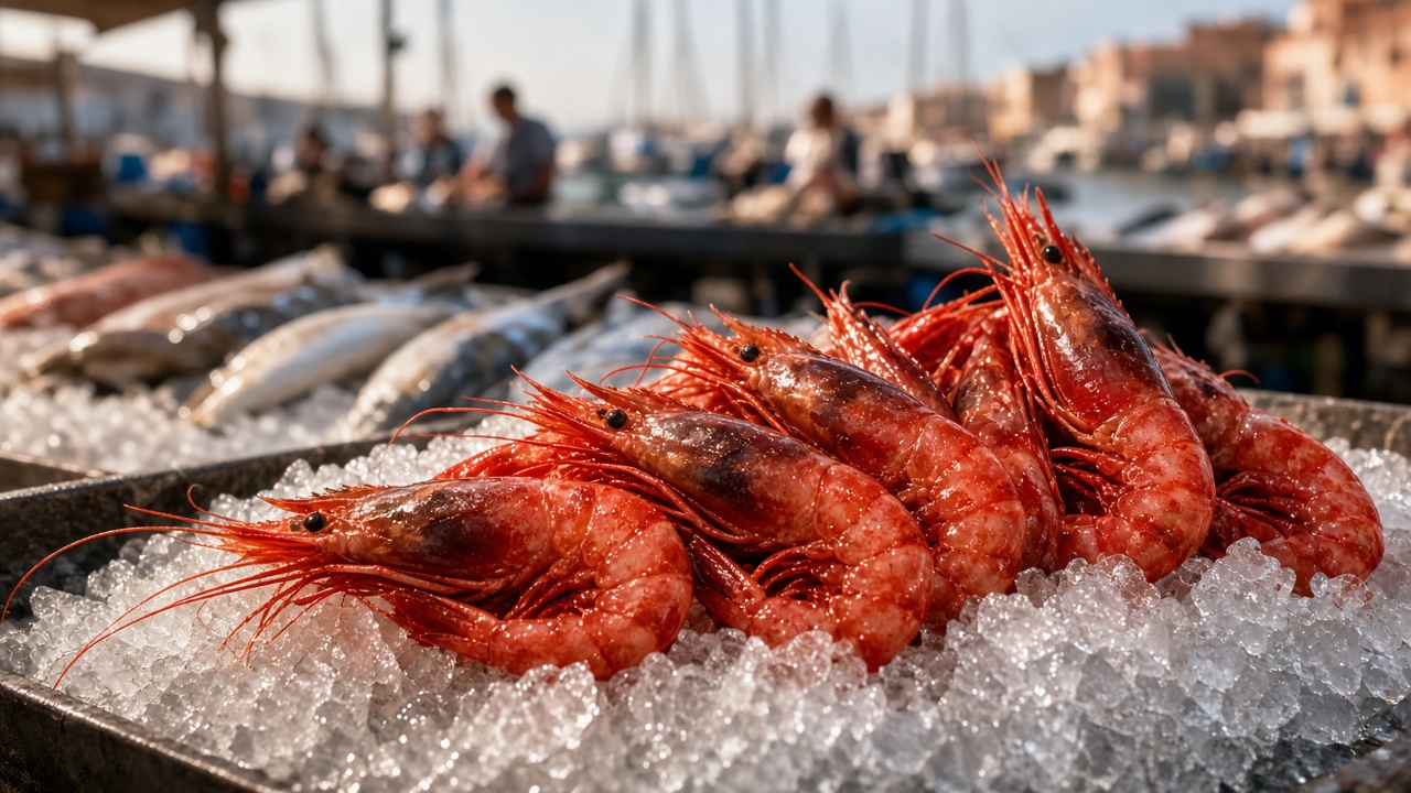 Gamba roja en la lonja de pescado de D&eacute;nia