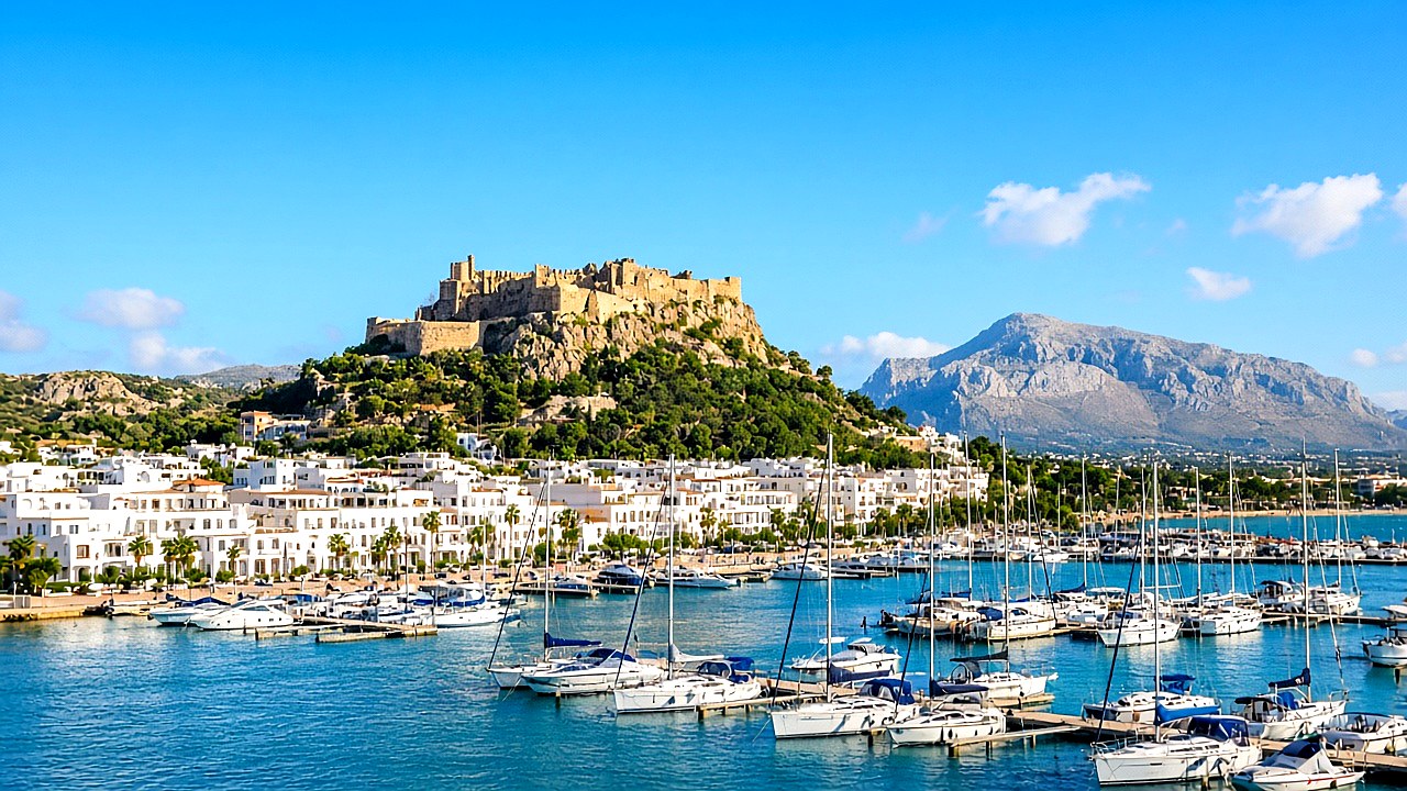 Puerto soleado, castillo y mar turquesa en D&eacute;nia